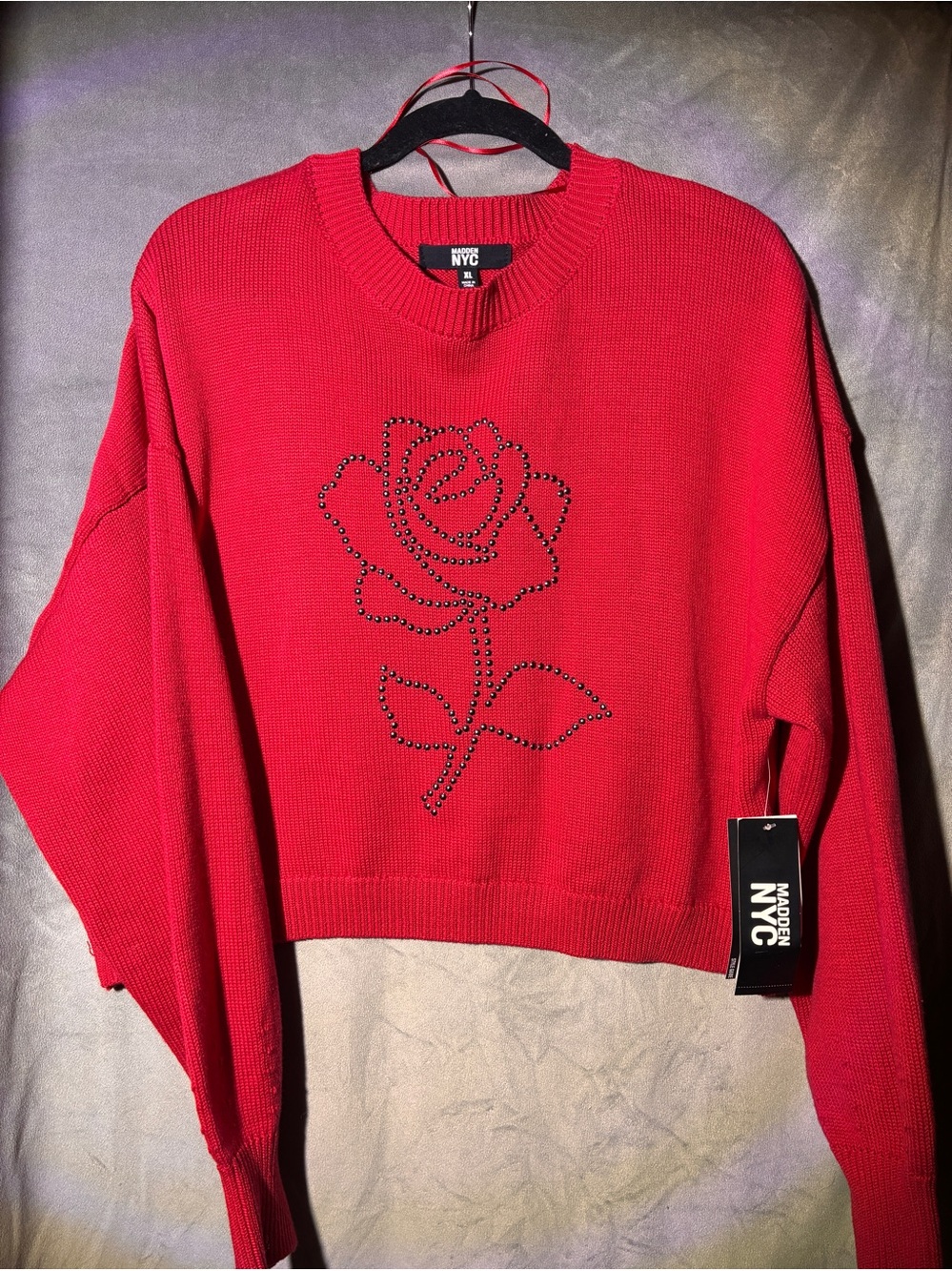Madden NYC Red Rose Studded Crewneck Sweater